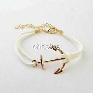 Suede Nautical Anchor Bracelet Island Ship Boat Leather Adjustable Gold Ivory